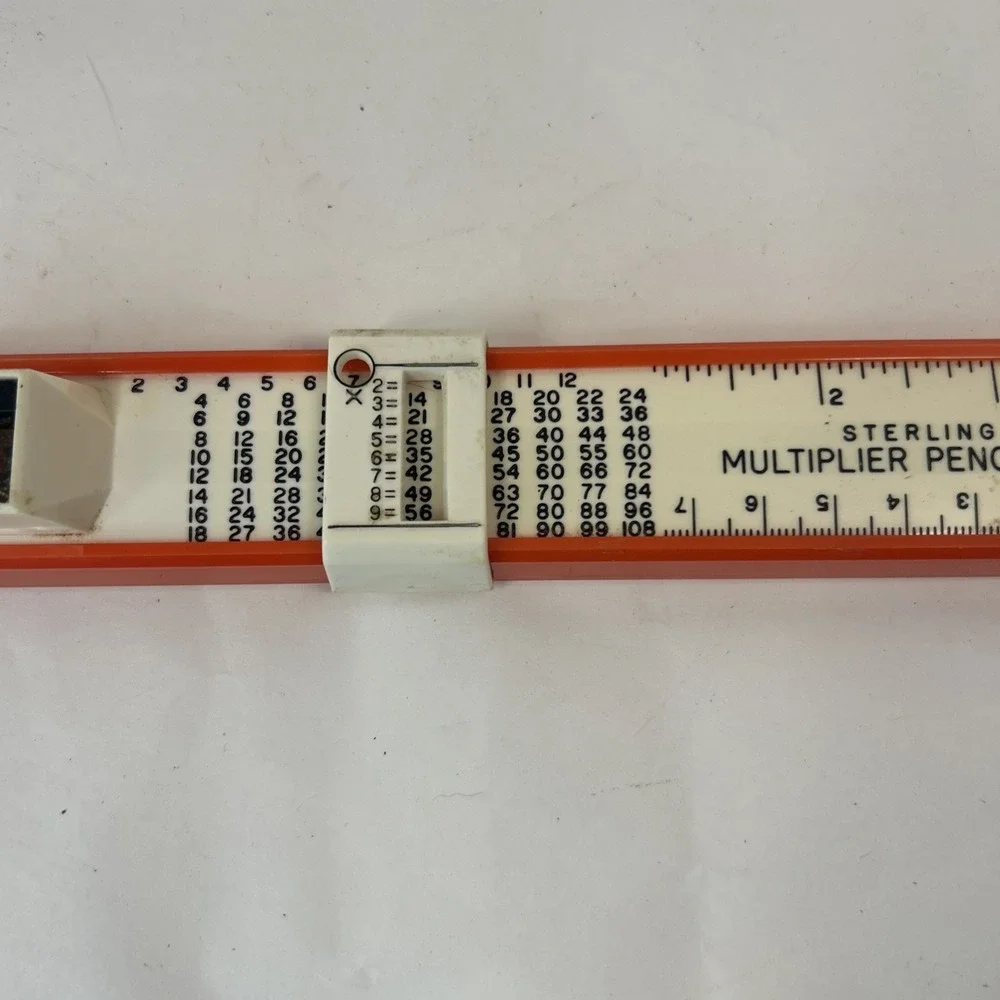Vintage Multiplier Pencil Box, Sharpener & Ruler, Red White Read